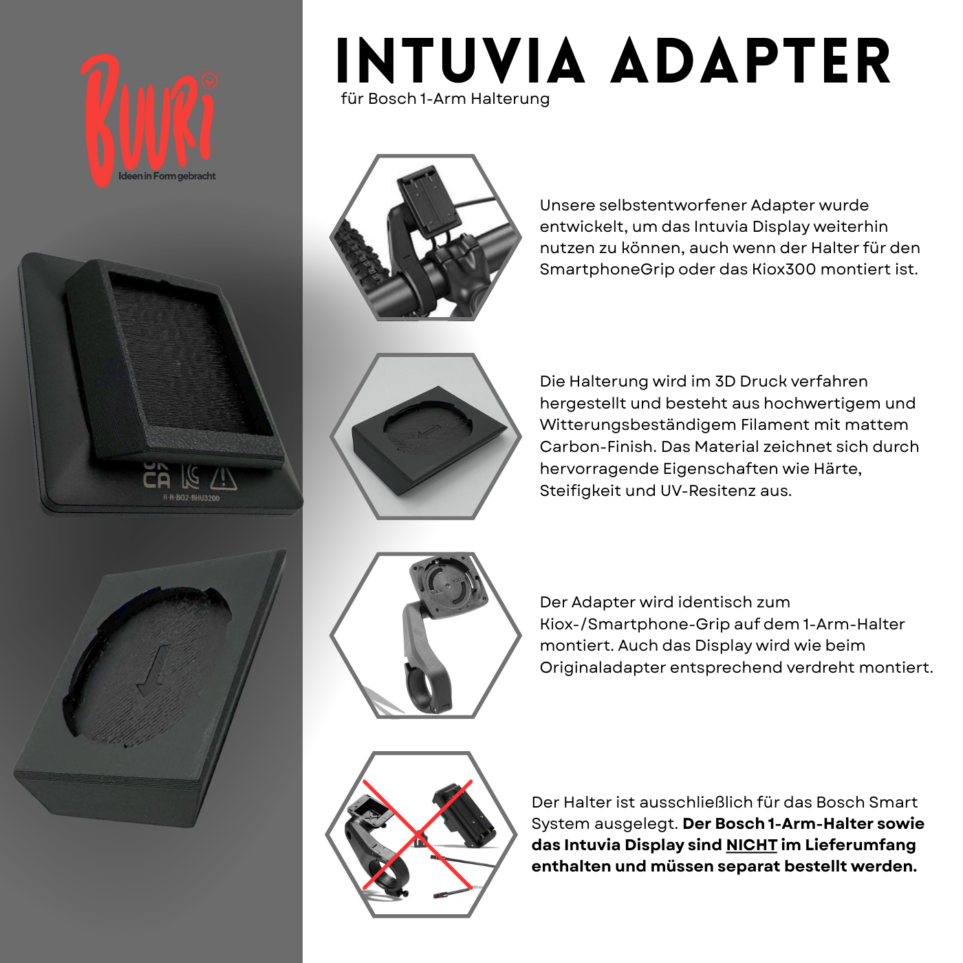 Adapter für Bosch Intuvia100 auf 1-Arm Kiox Smartphonegrip Halterung